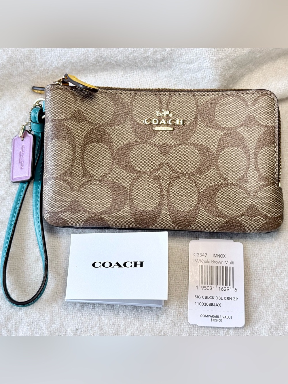 Coach C3347 Double Zip Wristlet Discontinued Khaki Brown Multi Colorblock 2 in 1